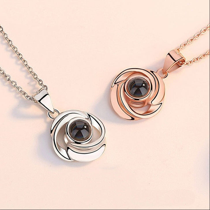 Rose Projection Necklace, S925 Silver Pendant with 100 Languages "I Love You" Rotating Love Memories