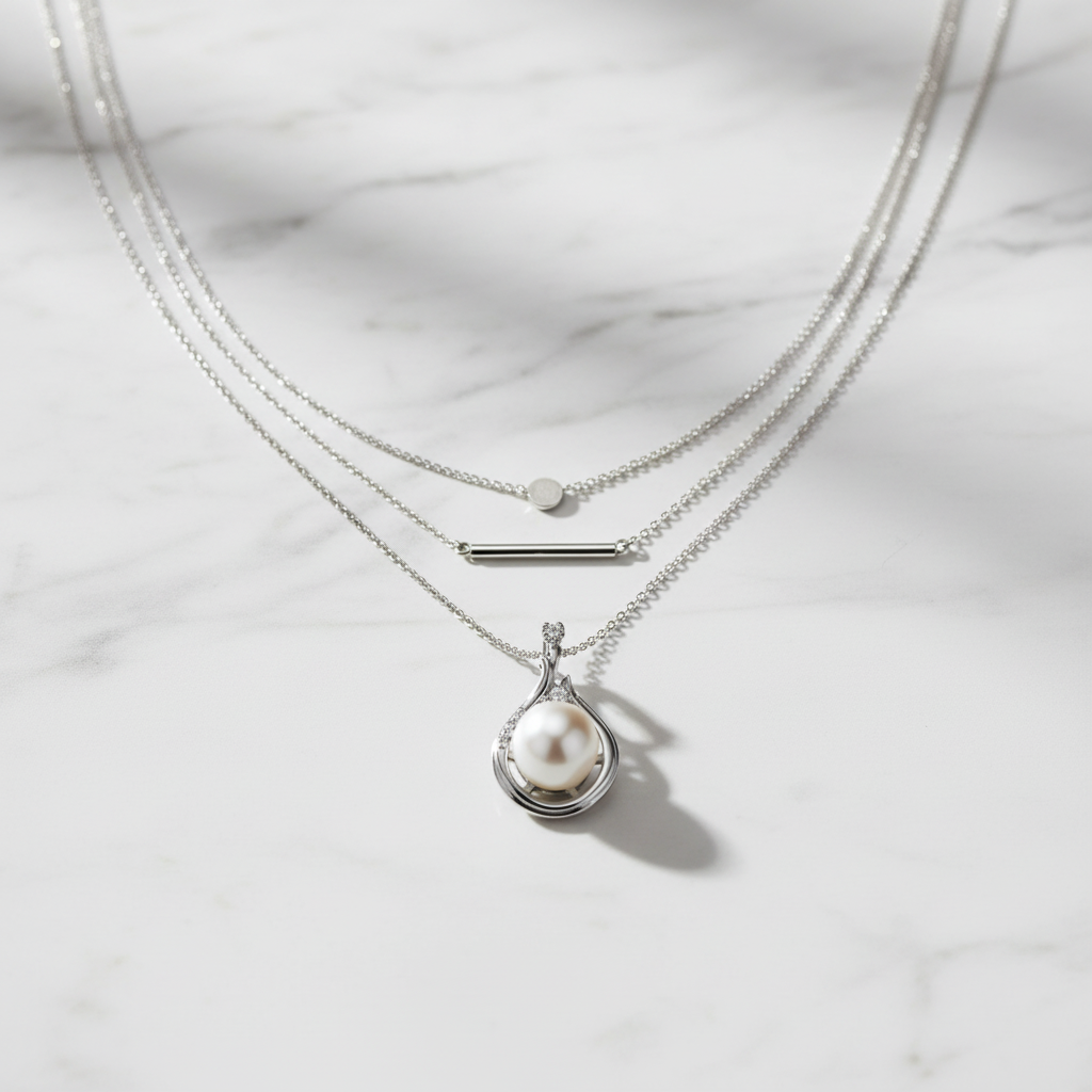 银色水滴形珍珠项链-平铺叠戴图