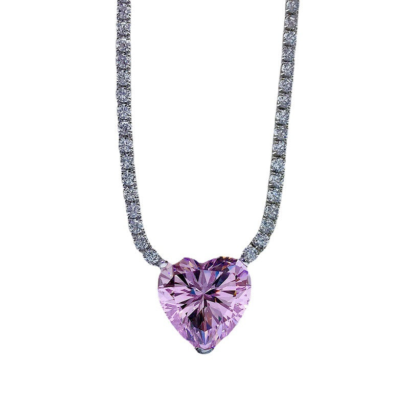 S925 Sterling Silver Pave Pink Stone Heart Necklace for Women