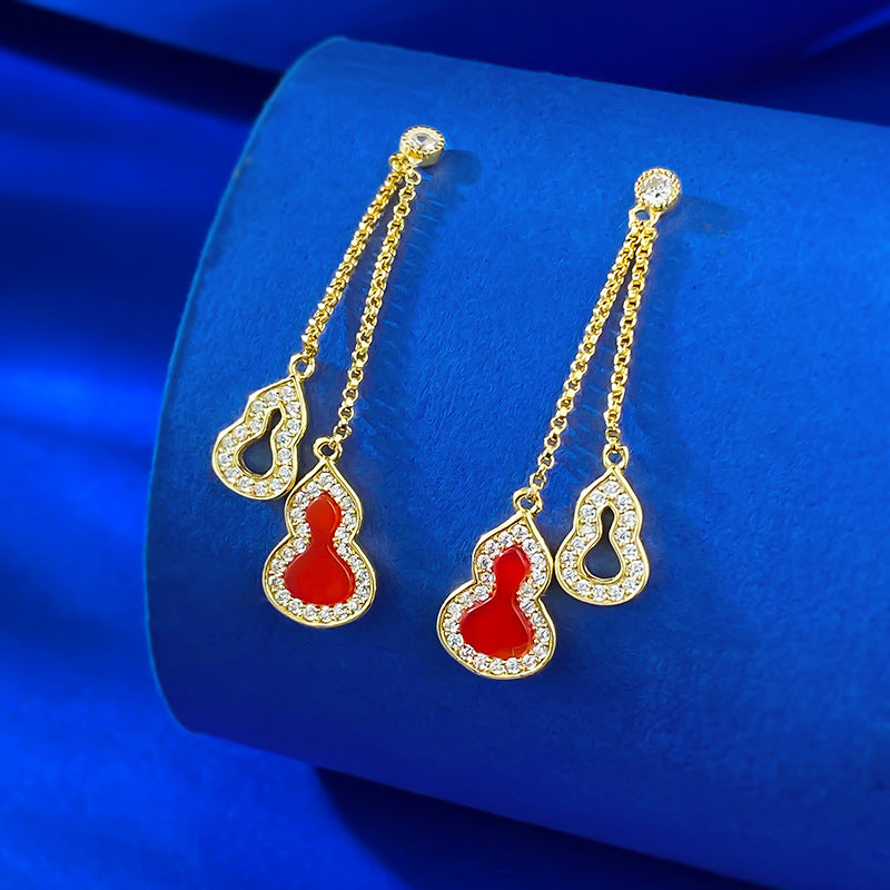 S925 Silver Red Agate Gourd Tassel Earrings - Fashion Versatile Office Style