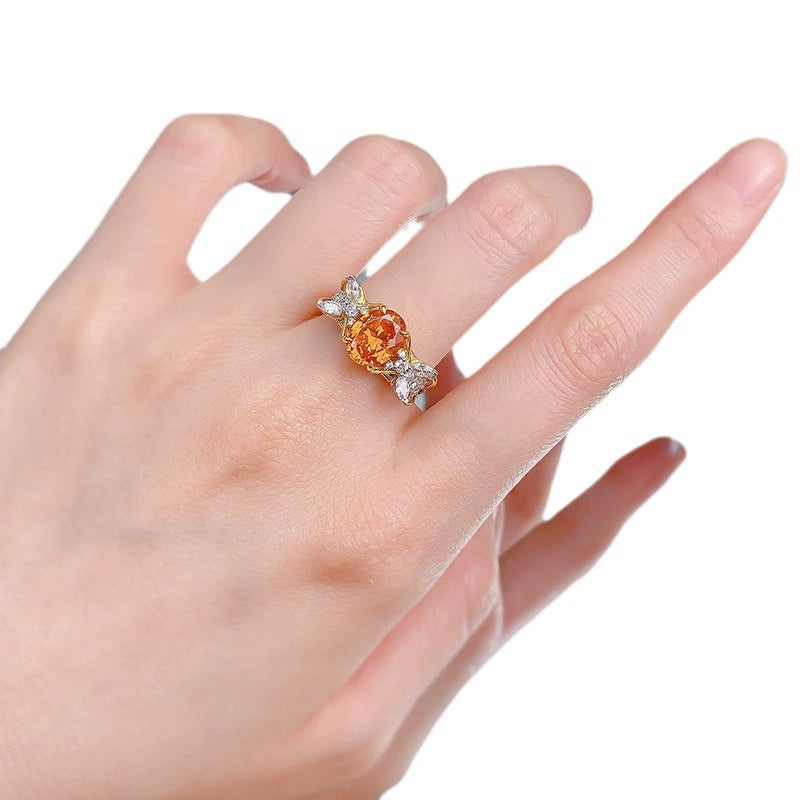 925 Silver Gold-Plated 7*9mm Sunset Orange Oval Ring - Fashion Style