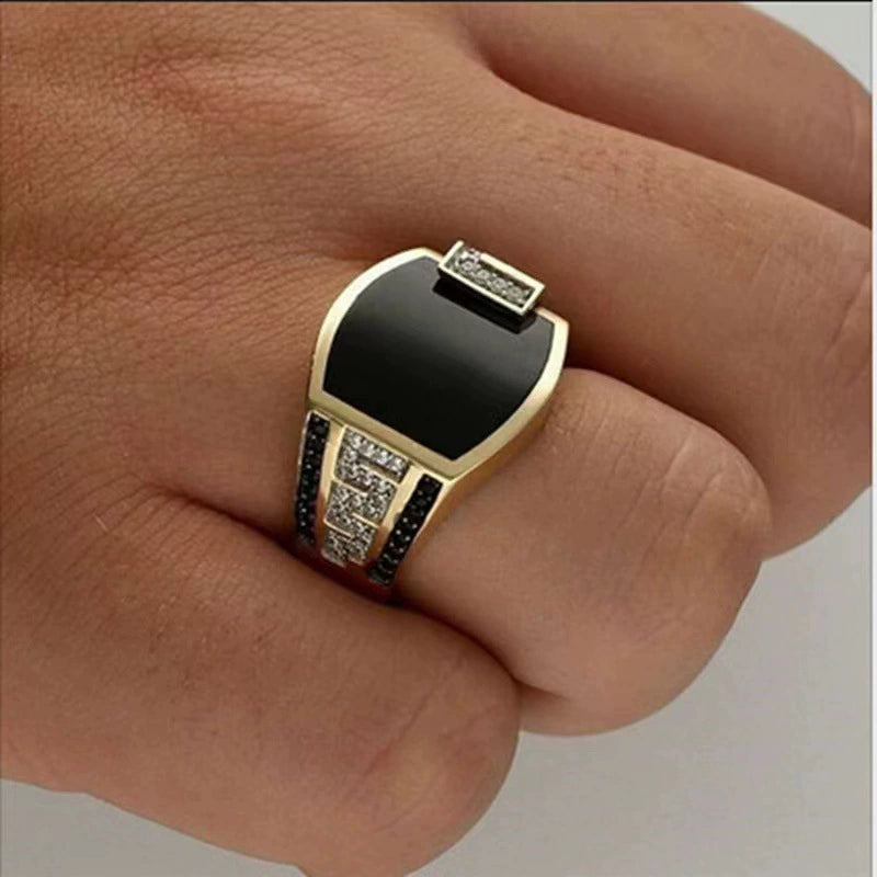 Hip-Hop Style Men's Black Diamond Ring – Enamel & Cubic Zirconia Statement Jewelry for Men