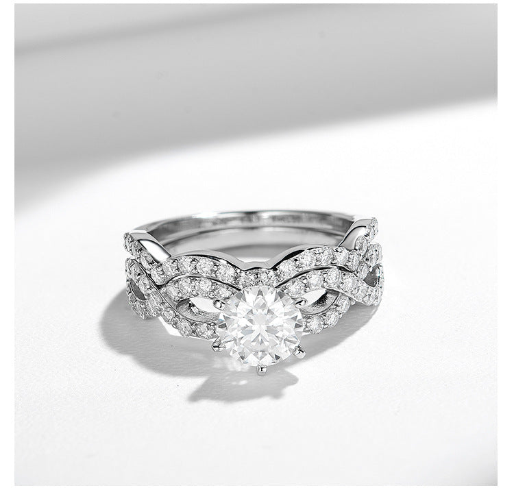 Infinity Twist Moissanite Ring with Pavé Band in White Gold Plated Silver