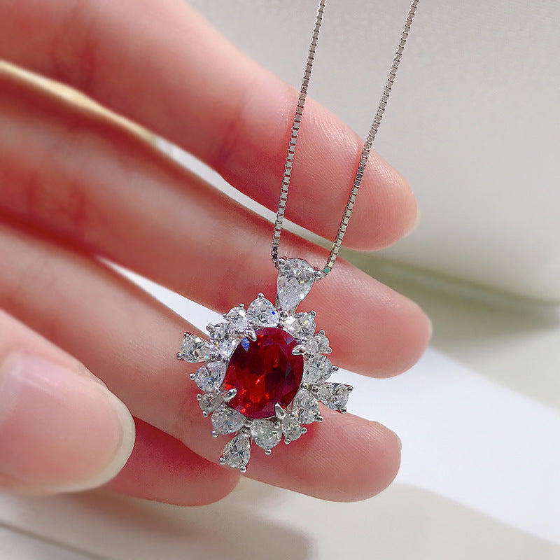 925 Sterling Silver Pigeon Blood Ruby Necklace - 8x10mm Oval Halo, Vintage Style
