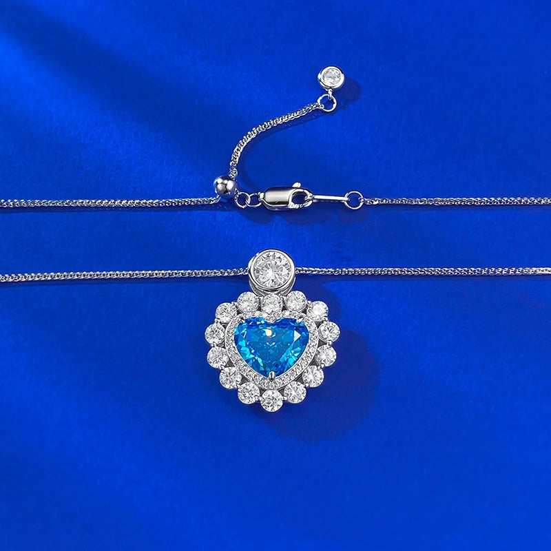 S925 Silver Quiet Heart Created Aquamarine Love Pendant Necklace