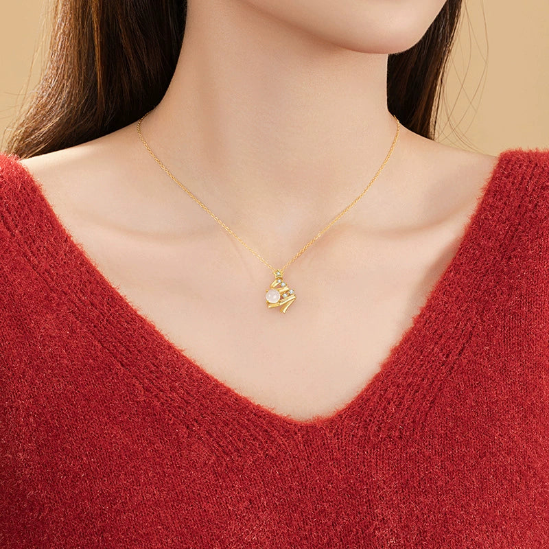 925 Sterling Silver Christmas Tree Necklace for Women, Dainty Star Chalcedony Pendant, Minimalist Ins Style Collar Chain