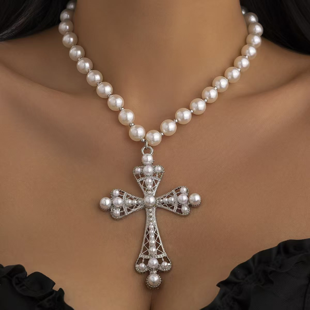 Faux Pearl Cross Pendant Necklace - European Style