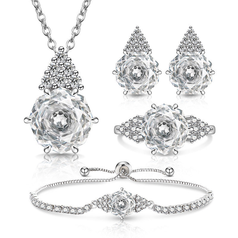 Rose Cut Jewelry Set: Sparkling High Carbon Diamond Ring Earrings Necklace Pendant Bracelet