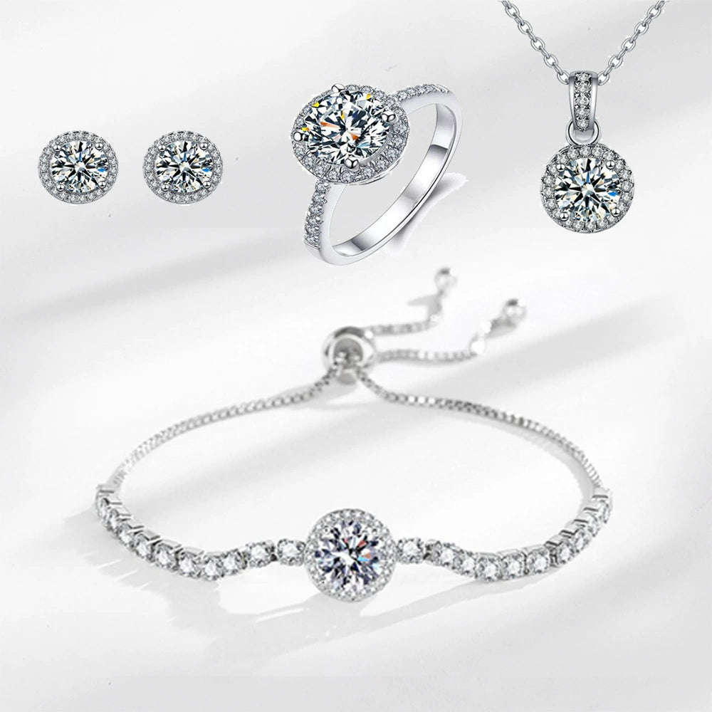 D Color Moissanite Round-set Jewelry Set (Ring, Earrings, Necklace, Bracelet)
