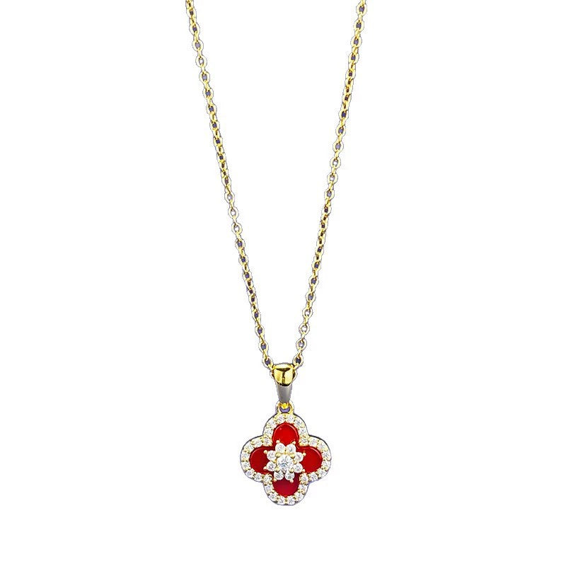 Ricady Jewel S925 Silver Clover Red Agate Necklace - Adjustable, Office Style