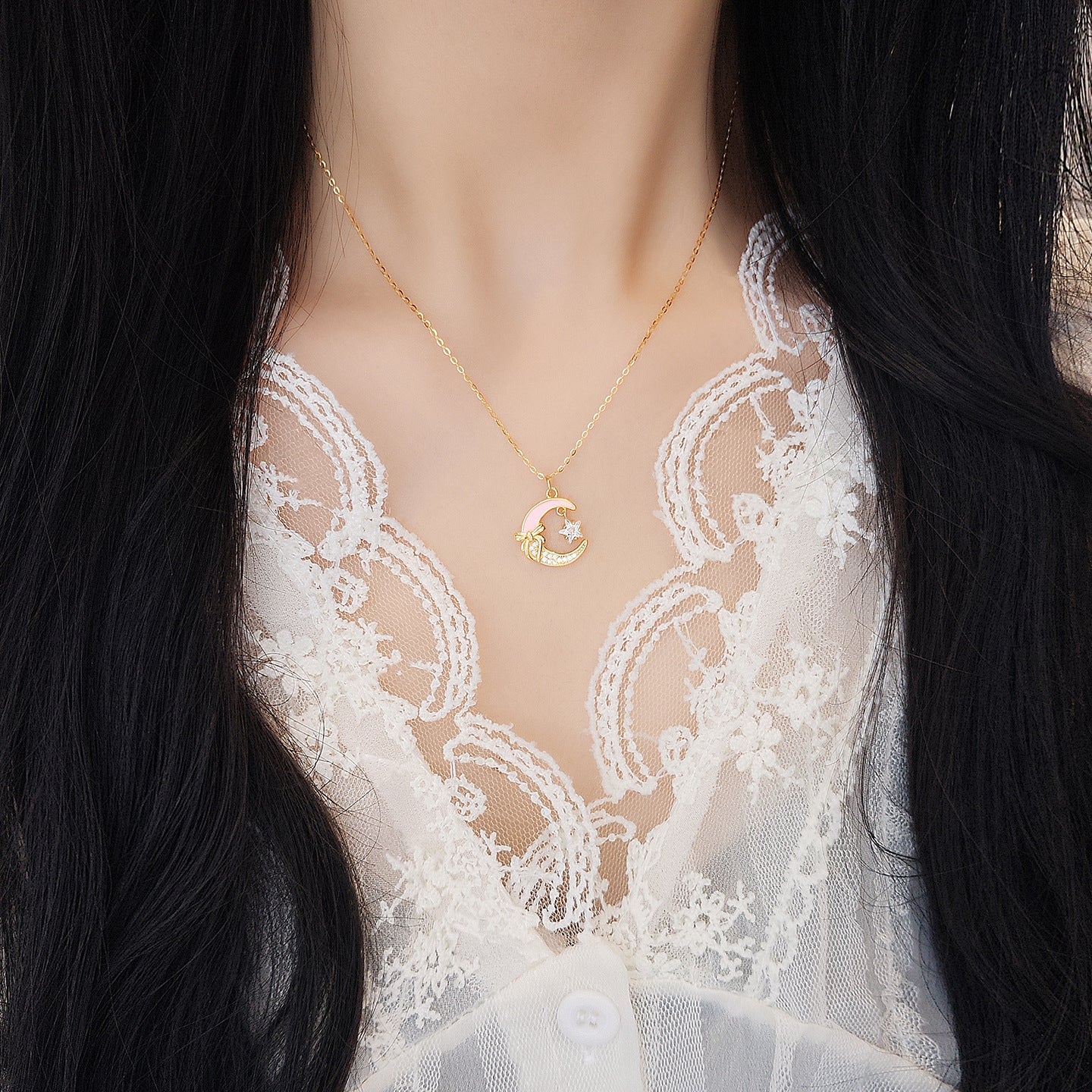 S925 Sterling Silver Star Moon Necklace for Women, Pink Enamel Bowknot, Dainty Minimalist Design