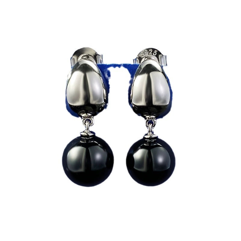 S925 Silver Earrings with 10mm Black Agate & Pearl, Gold-Plated, Minimalist Fashion
