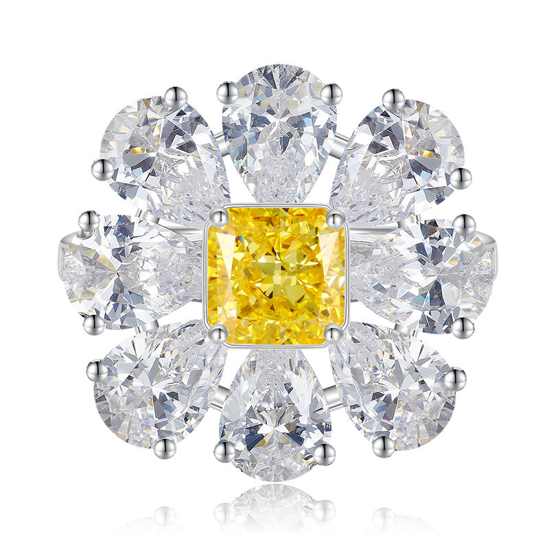 Cluster Wedding Ring | S925 Silver 6*6 Yellow Diamond Imported High Carbon Diamond