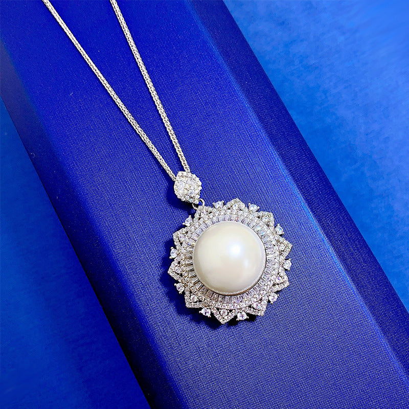 Ricady Jewel 16mm Shell Pearl Necklace - 8ct Pave Sunflower Pendant