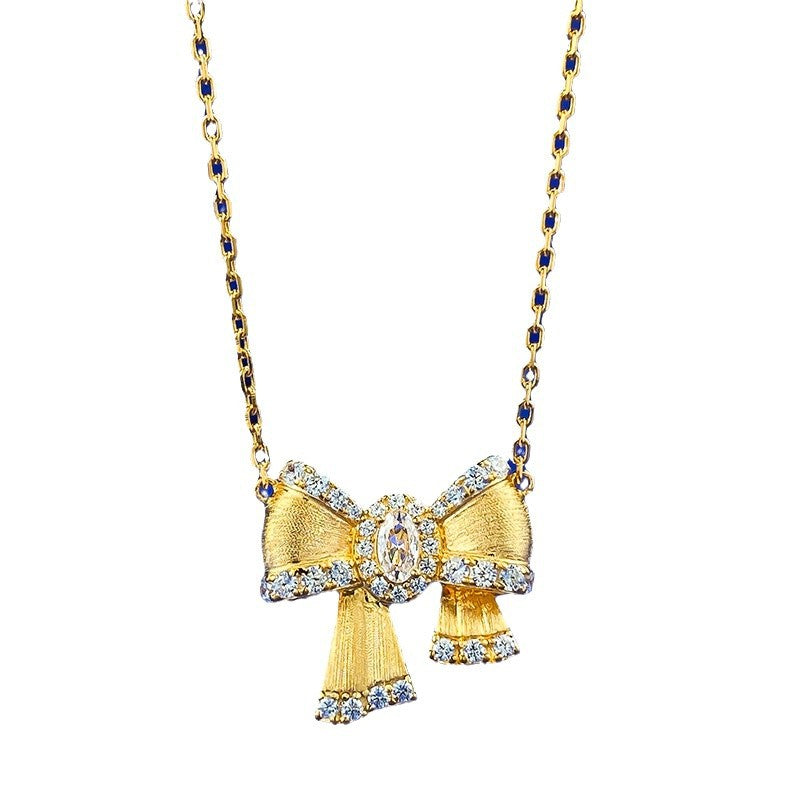 Ricady Jewel S925 Silver Gold-Plated Bow Necklace, Brushed Diamond Inlay Dainty Collar Chain