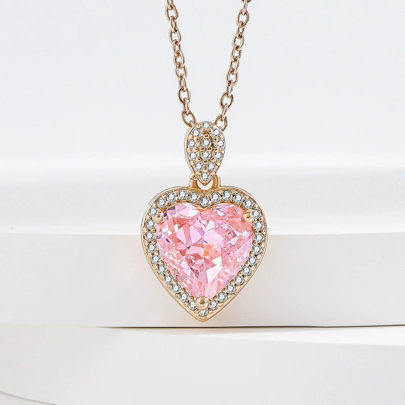 Pink Diamond Heart Zircon 4-Piece Jewelry Set: Bracelet, Ring, Necklace & Earrings for Women (Copper Plated Real Gold)