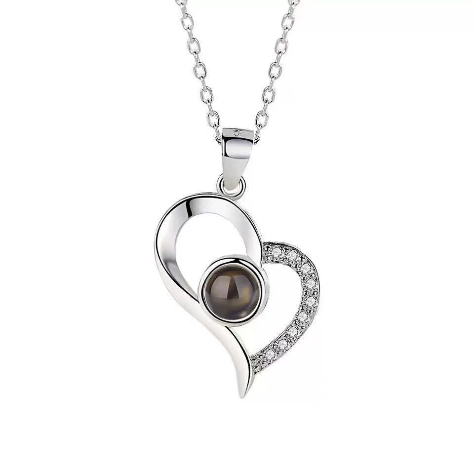 S925 Silver Projection Heart Necklace - 100 Languages "I Love You"