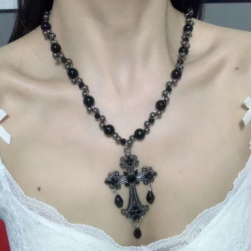 Layered Beaded Cross Choker Necklace - Sweet & Cool Style