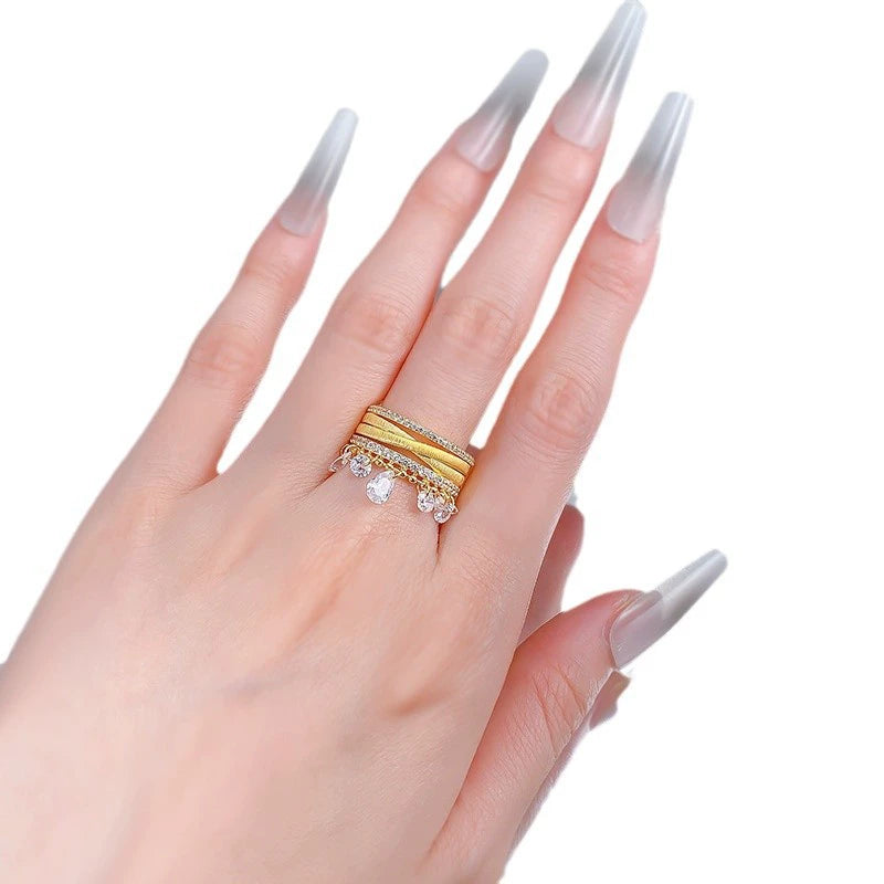 S925 Silver Gold-Plated Ring | Diamond Tassel Brushed Triple Band Glamorous Style