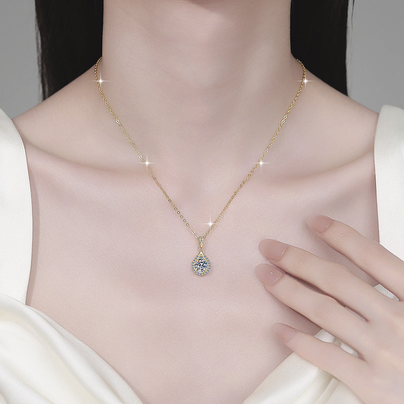Ricady Jewel 925 Silver 18K Plated Water Drop & Round Moissanite Pendant Necklace
