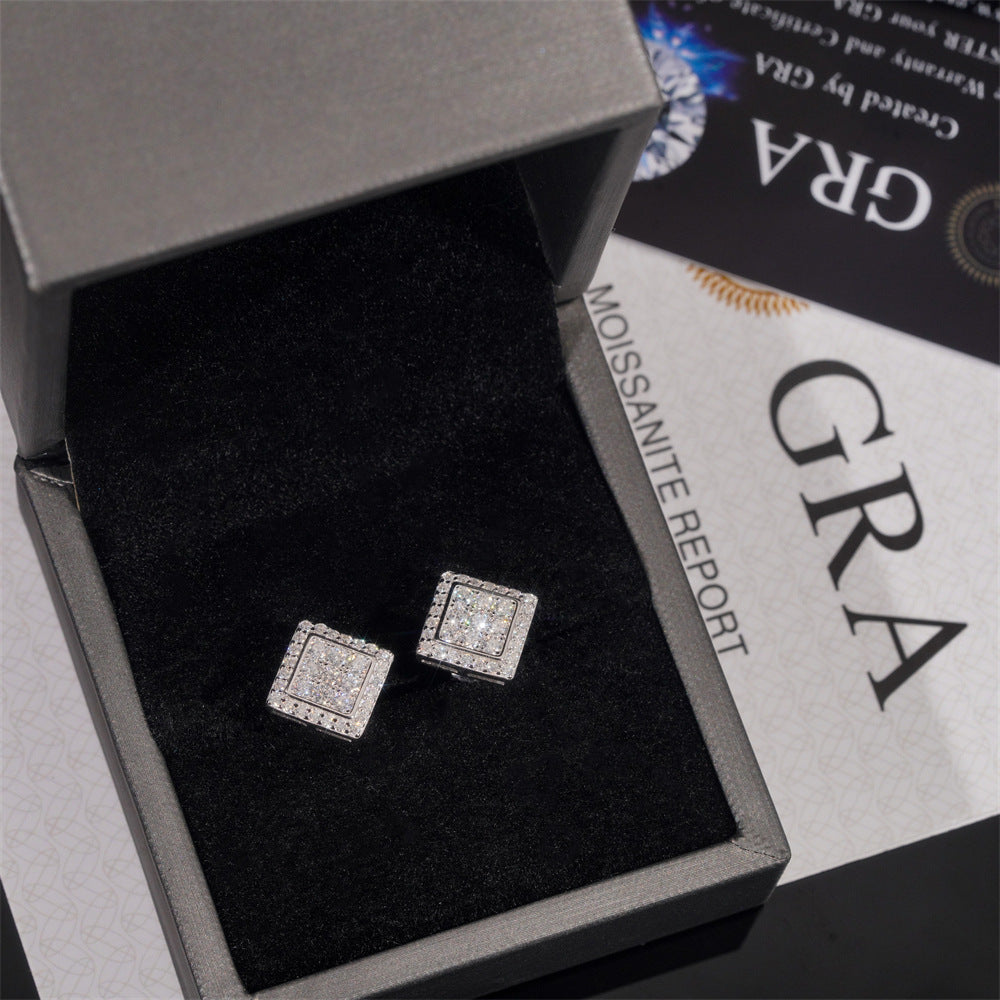 Hip Hop 10mm Square Stud Earrings - 925 Silver with VVS Moissanite by Ricady Jewel