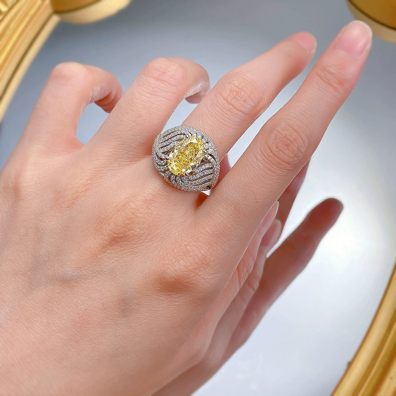 925 Silver 8x12mm Vibrant Yellow CZ Ring - Egg Shape, Ice Flower Cut, Niche Style