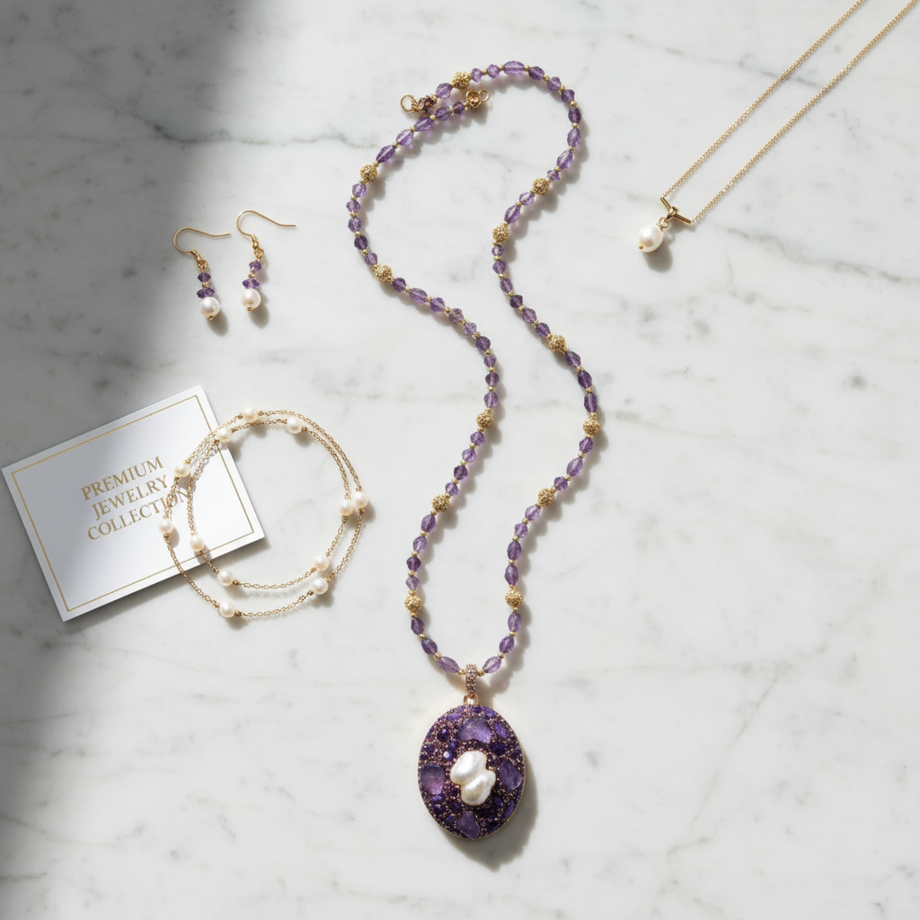 Amethyst necklace flat lay styling