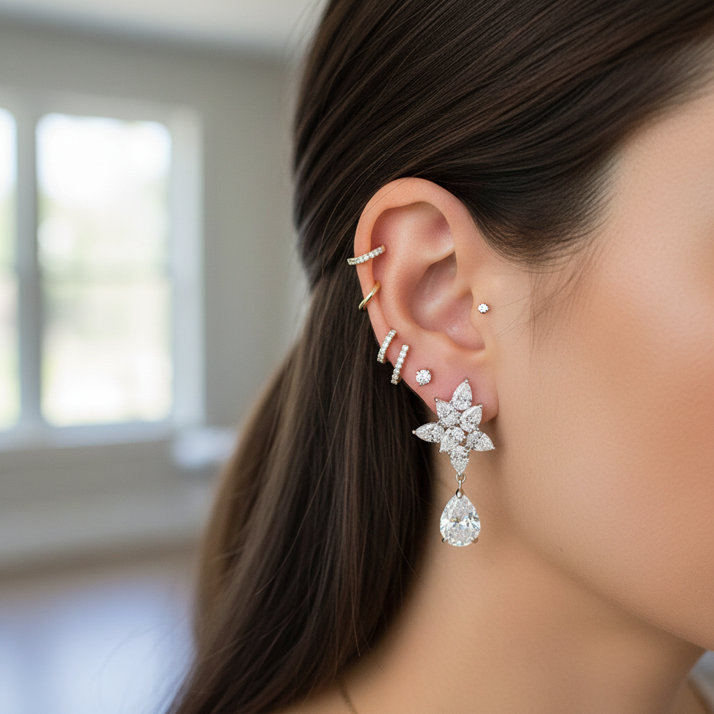 Diamond flower cluster drop earrings styled with other earrings