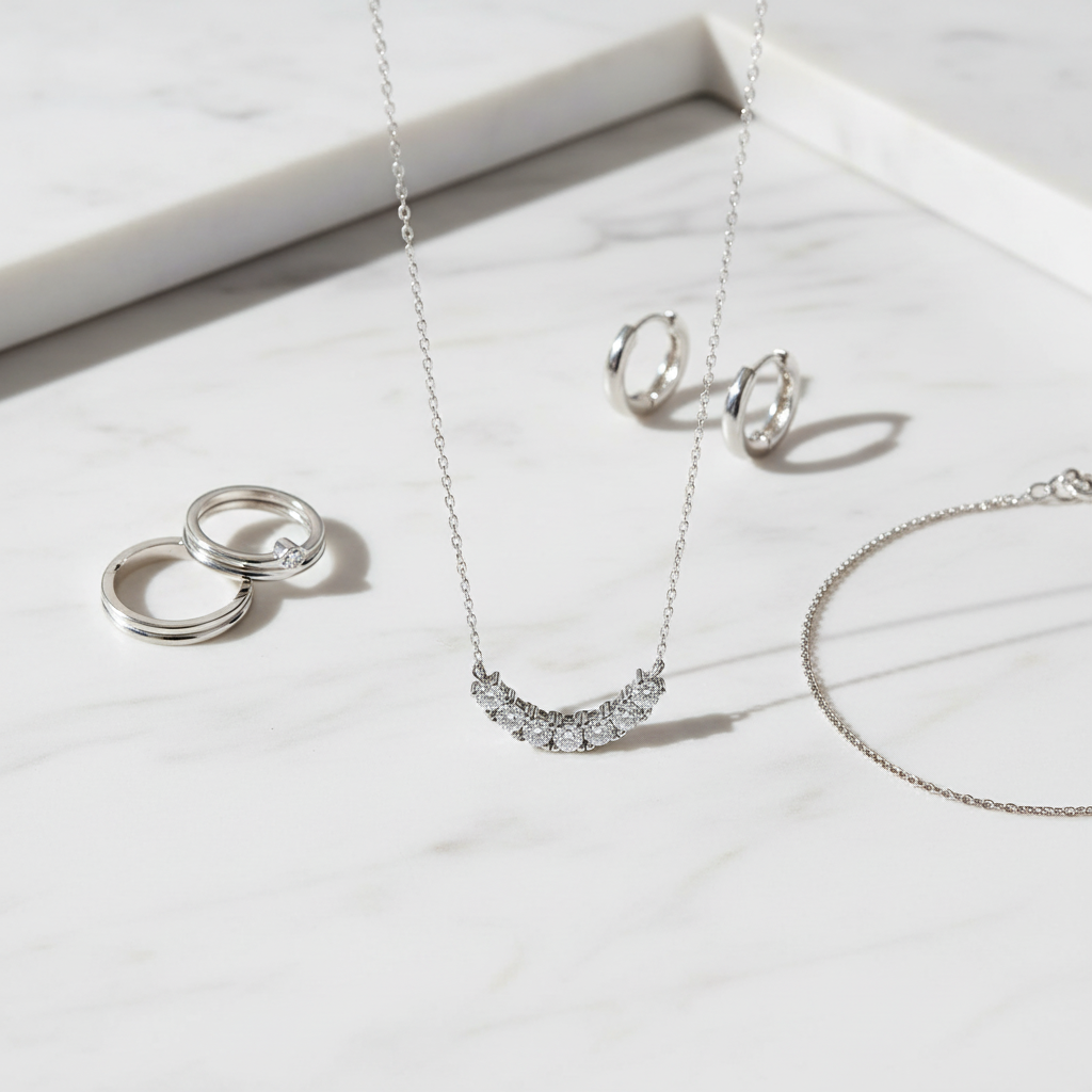 Flat lay with complementary jewelry
