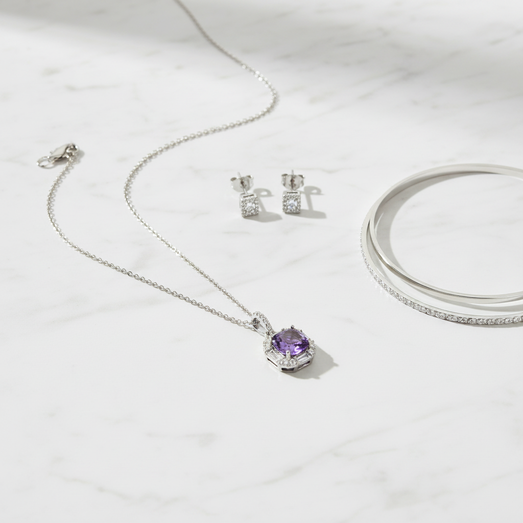 Floral pendant flat lay styling