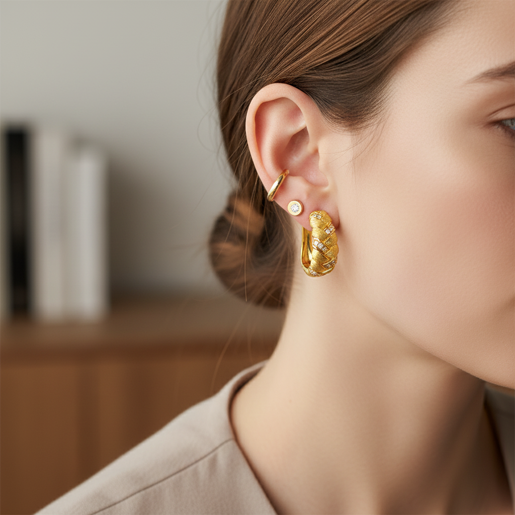 Gold textured hoop earrings styled with other earrings
