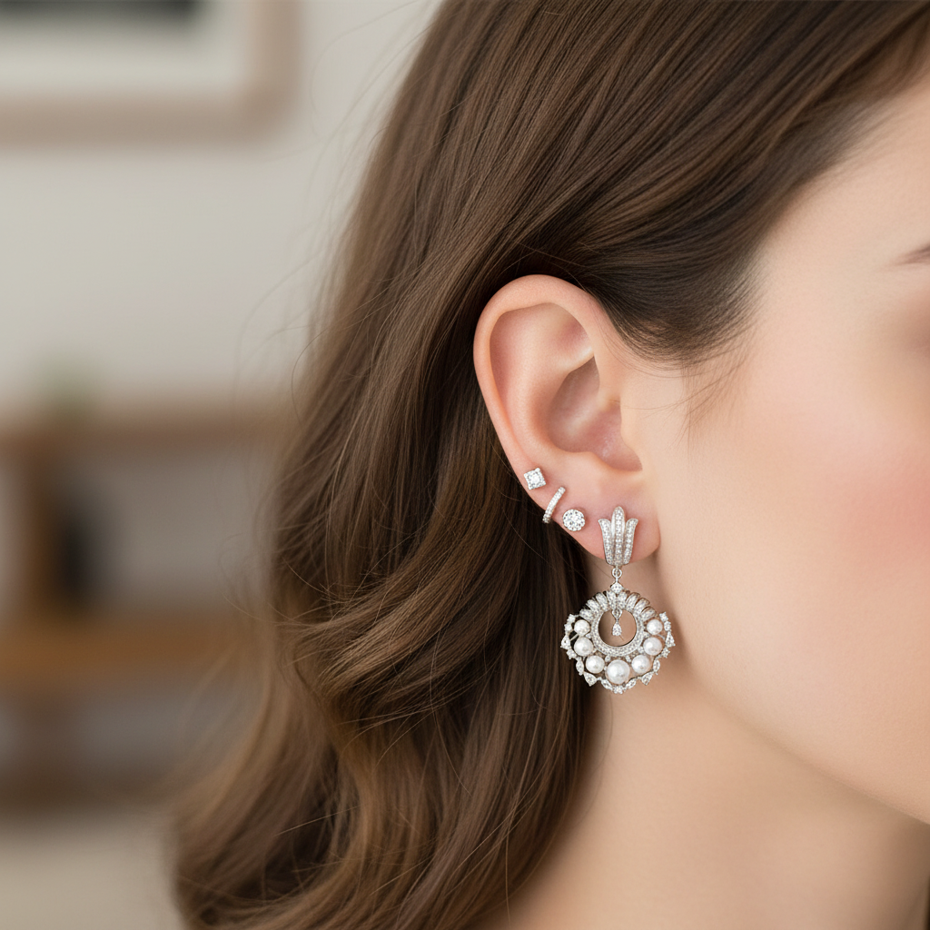 Small delicate pearl and diamond chandelier earrings styled with other earrings showing ear stacking