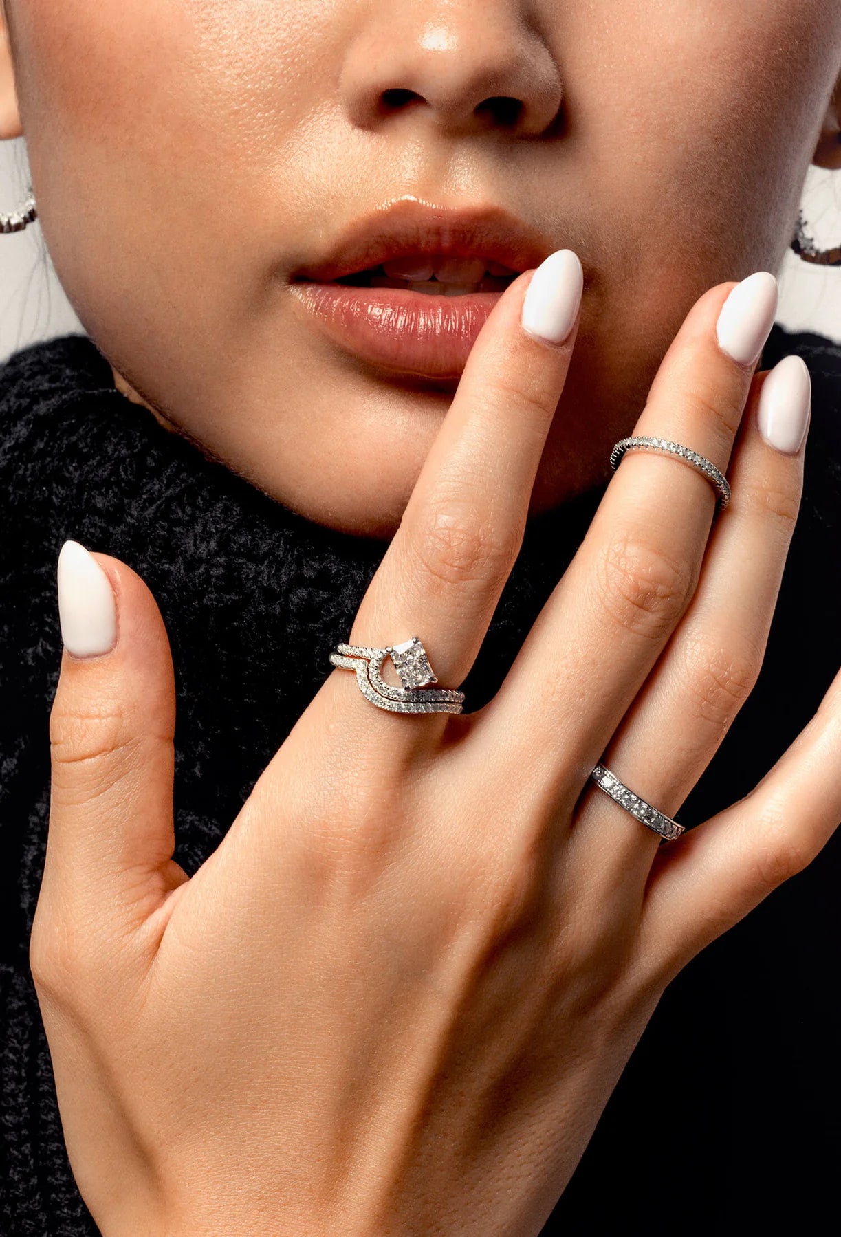 Ricady Jewel 925 Sterling Silver Curved Open-Band Ring, Cubic Zirconia Pavé Stacking Band for Women, Adjustable Fit