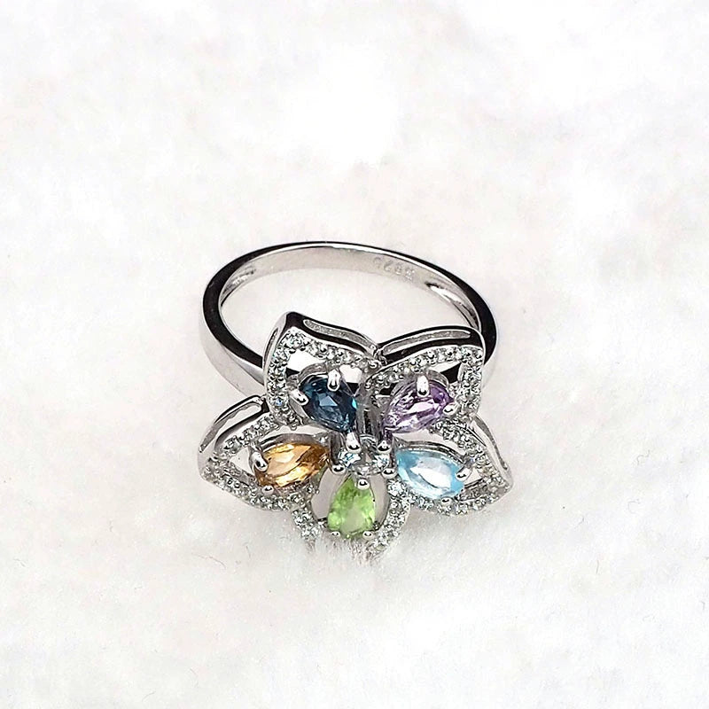 925 Sterling Silver 5-Color Gem Flower Ring R1003