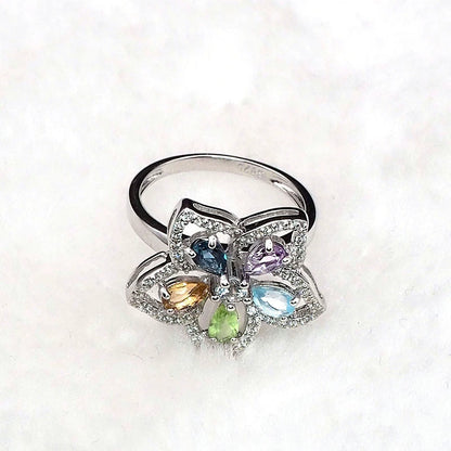 925 Sterling Silver 5-Color Gem Flower Ring R1003