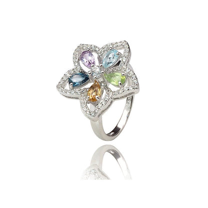925 Sterling Silver 5-Color Gem Flower Ring R1003
