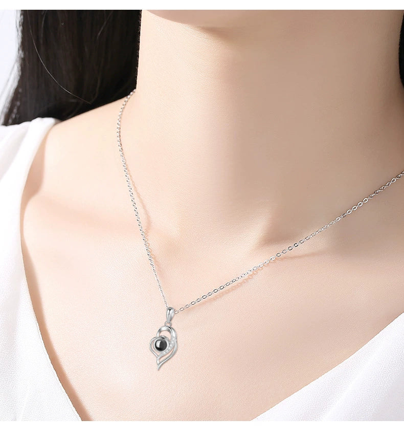 Sterling Silver 925 Heart Projection Necklace for Women, 100 Languages "I Love You" Pendant Collar Chain