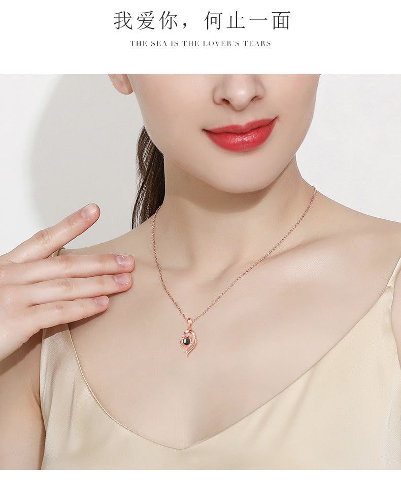 Sterling Silver 925 Heart Projection Necklace for Women, 100 Languages "I Love You" Pendant Collar Chain