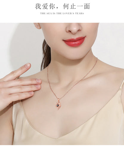 Sterling Silver 925 Heart Projection Necklace for Women, 100 Languages "I Love You" Pendant Collar Chain