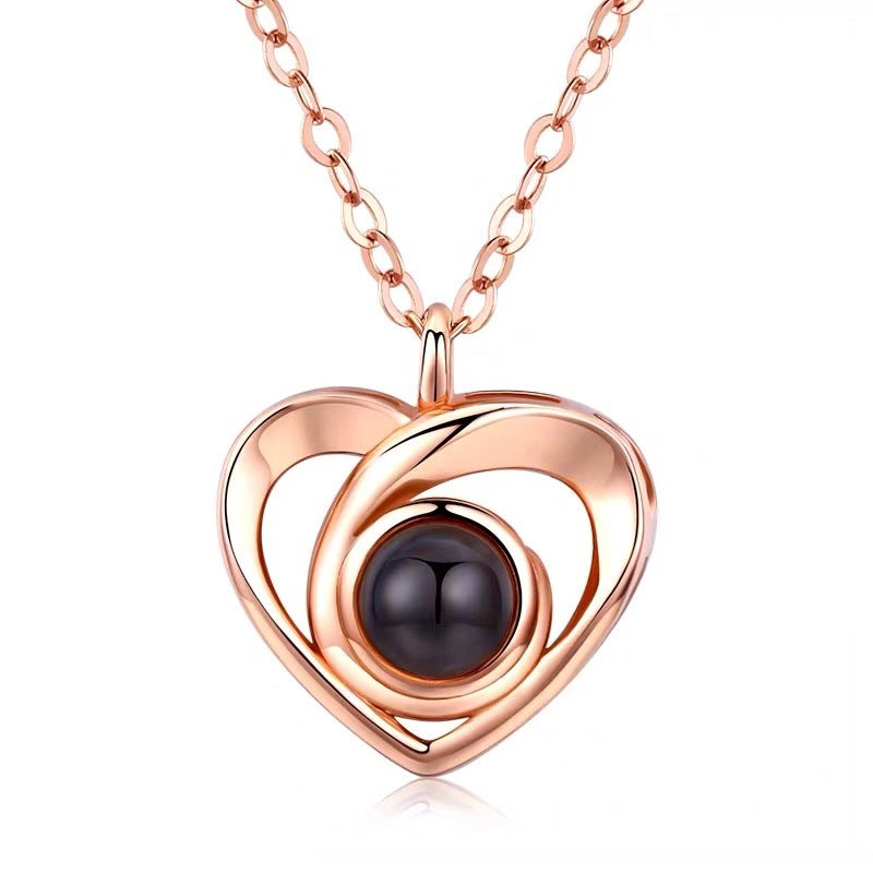 S925 Sterling Silver Heart Projection Necklace for Women - 100 Languages "I Love You" Dainty Collar Pendant