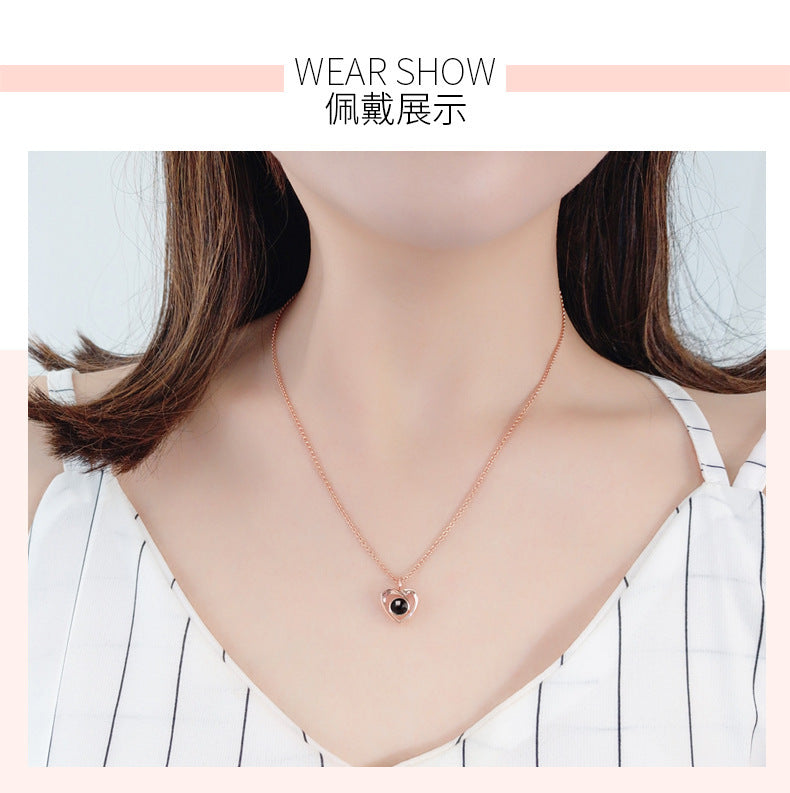 S925 Sterling Silver Heart Projection Necklace for Women - 100 Languages "I Love You" Dainty Collar Pendant