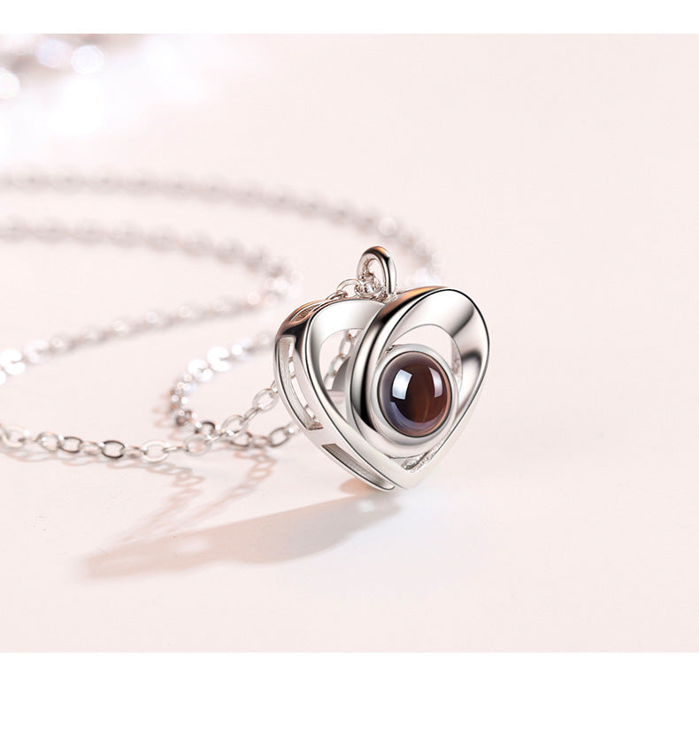 S925 Sterling Silver Heart Projection Necklace for Women - 100 Languages "I Love You" Dainty Collar Pendant