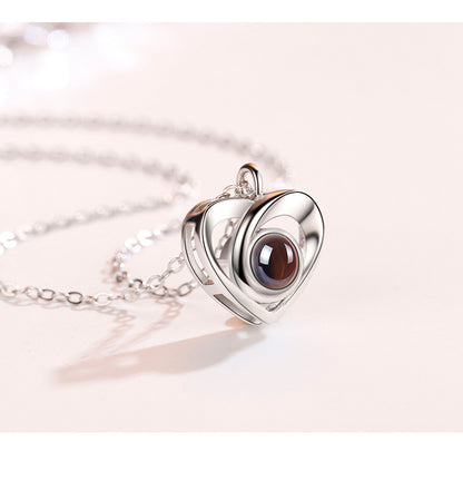S925 Sterling Silver Heart Projection Necklace for Women - 100 Languages "I Love You" Dainty Collar Pendant