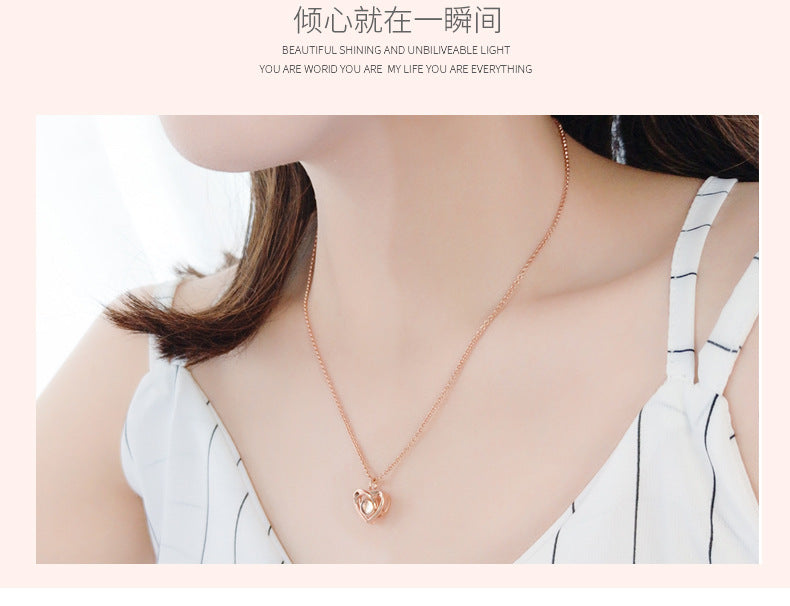 S925 Sterling Silver Heart Projection Necklace for Women - 100 Languages "I Love You" Dainty Collar Pendant