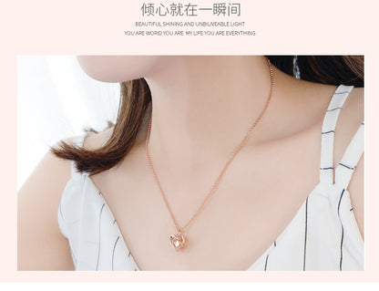 S925 Sterling Silver Heart Projection Necklace for Women - 100 Languages "I Love You" Dainty Collar Pendant