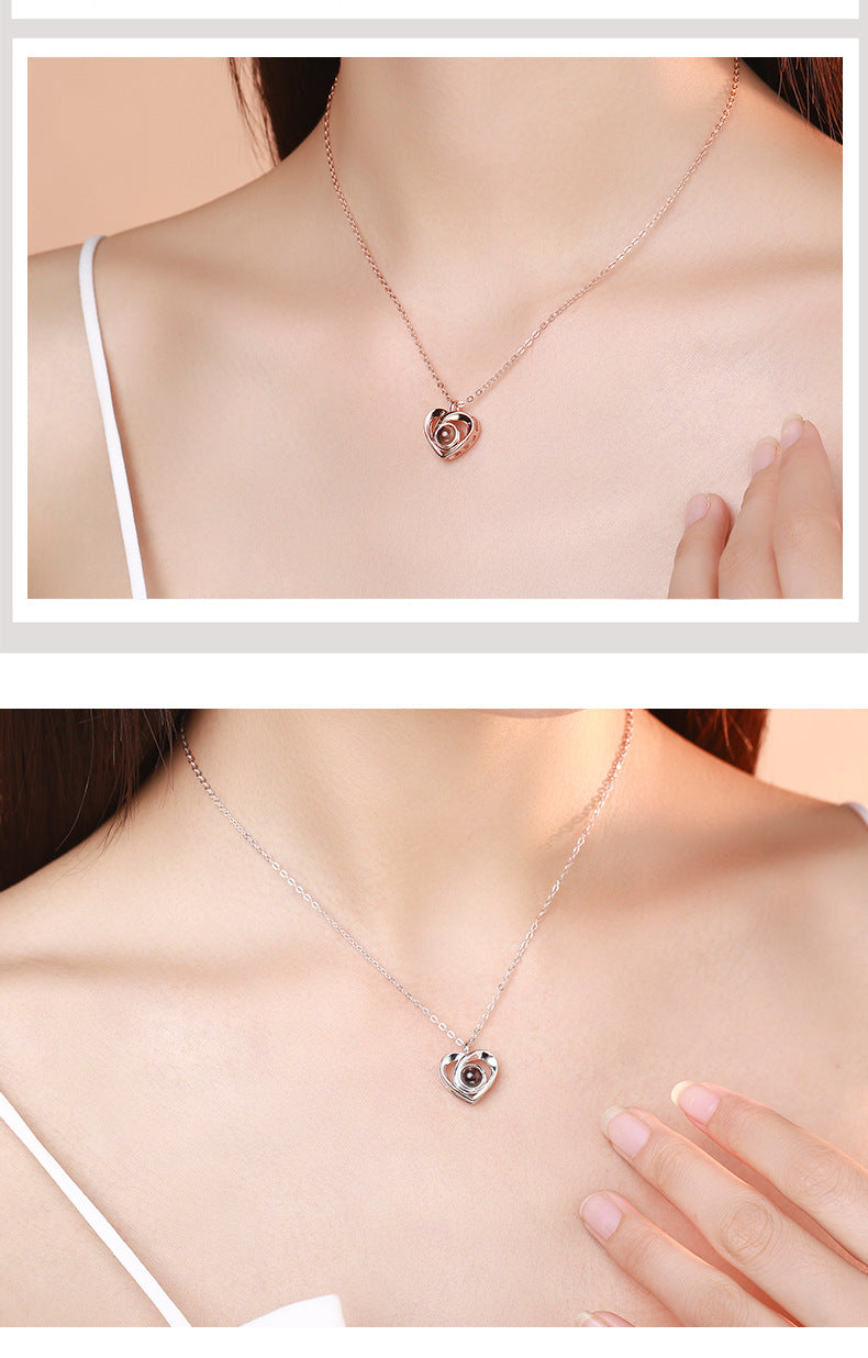 S925 Sterling Silver Heart Projection Necklace for Women - 100 Languages "I Love You" Dainty Collar Pendant