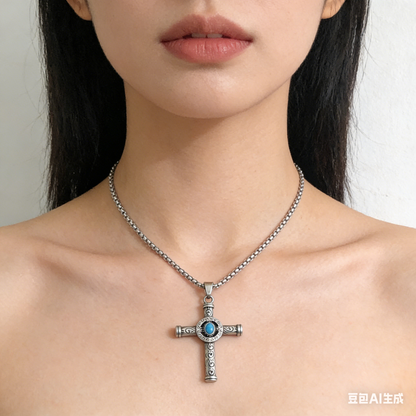925 Sterling Silver Gemstone Cross Pendant Necklace - Streetwear Style