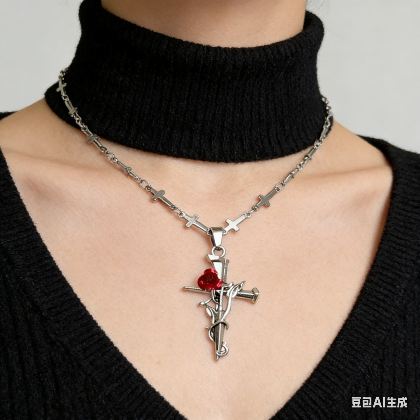 Rose Cross Pendant Necklace in Stainless Steel
