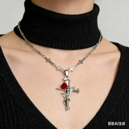Rose Cross Pendant Necklace in Stainless Steel