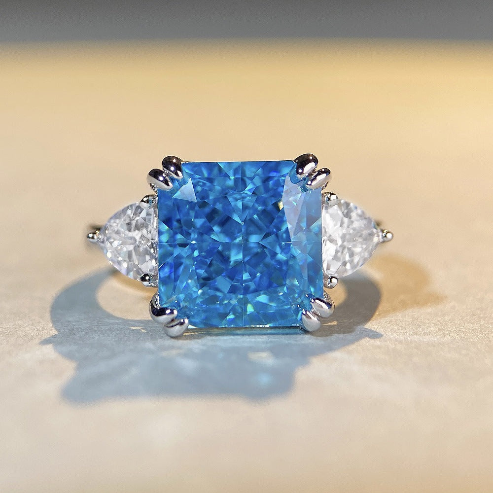 Women's 5ct S925 Silver Aquamarine Ring | Cushion-Cut High Carbon Diamond Zircon | Luxury Colored Gemstone
